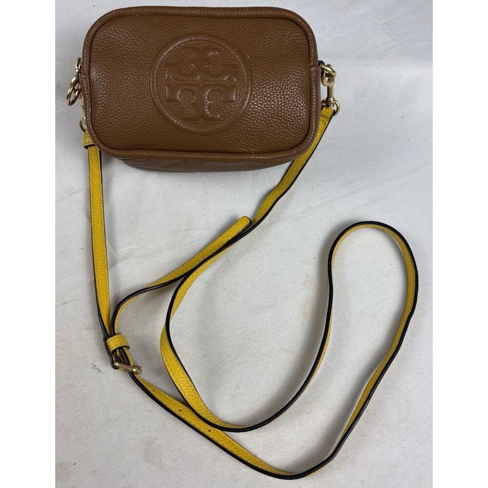 Tory Burch Perry Bombe Mini Bag Leather Crossbody Brown Yellow EUC